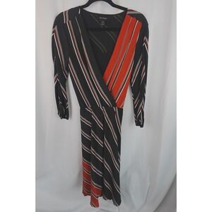 White House Black Market Women's 10 Dress Striped Silk V-Neck 3/4‎ Sleeve Midi